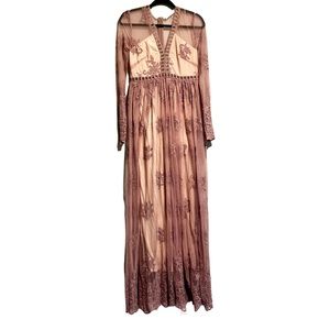 Semi Sheer Pink Nude Embroidered Maxi Dress Gown Romantic Romeo & Juliet Size M